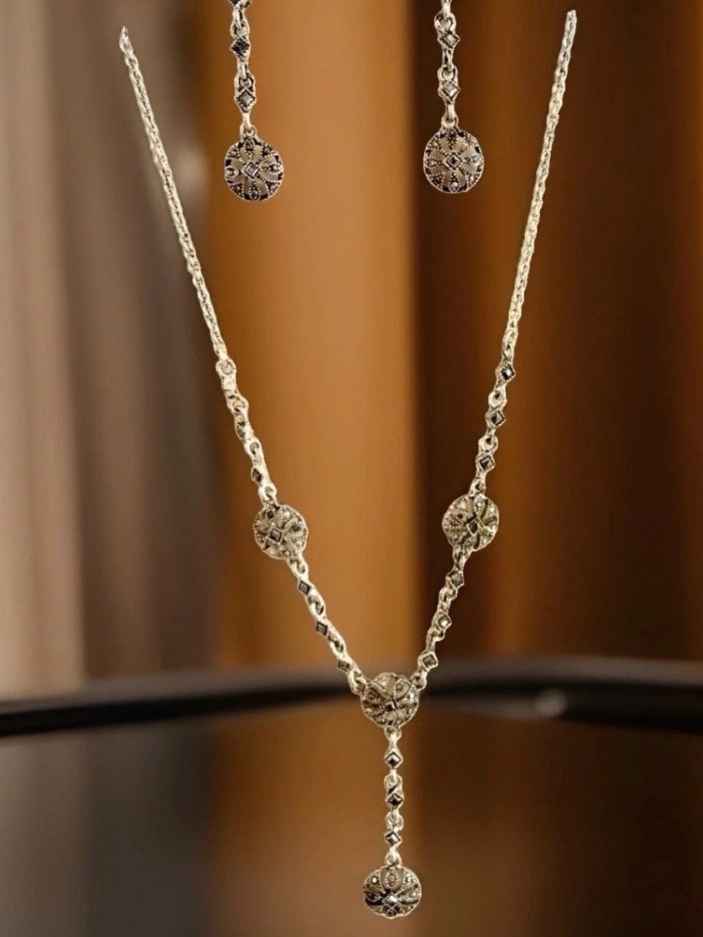 Vintage Crown Trifari Silver Tone Mascasite Filigree Y Necklace & Earring Set